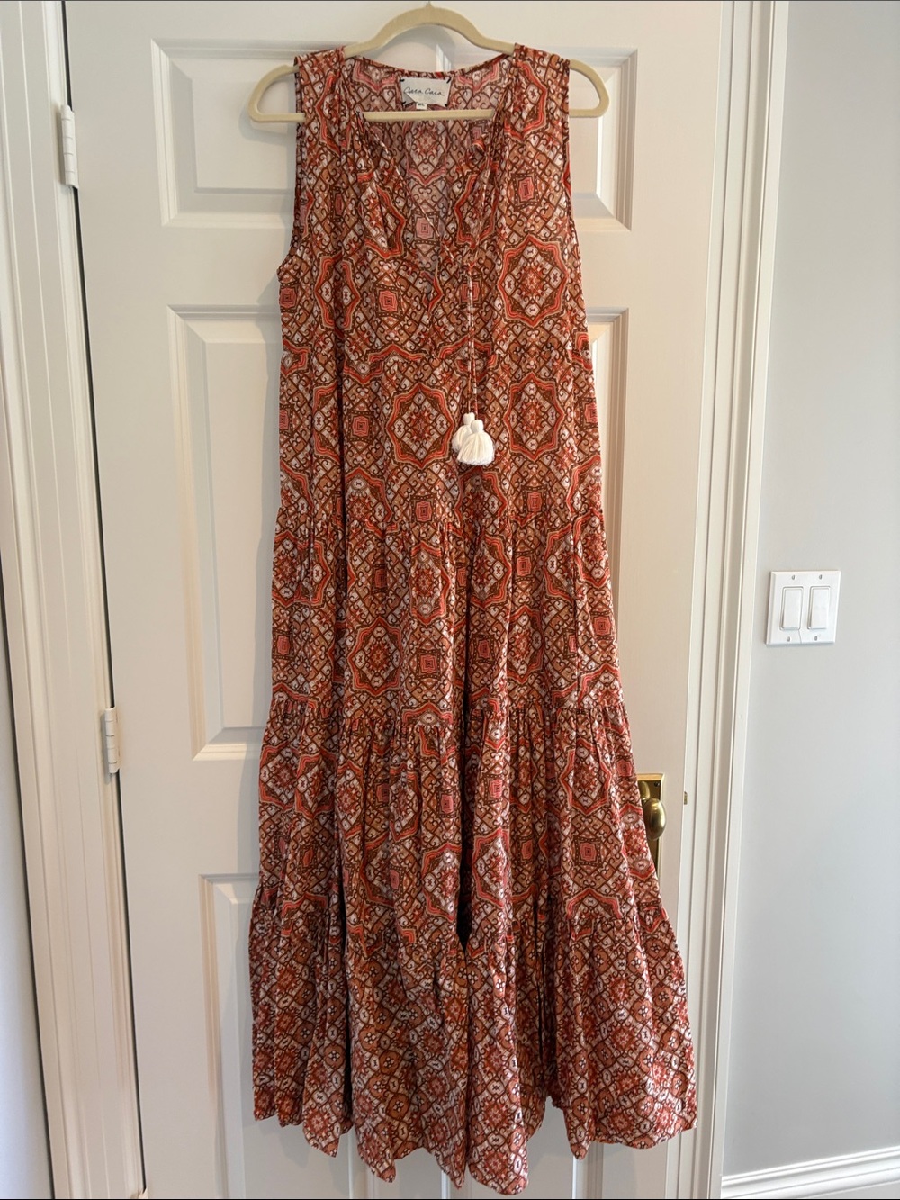 Cara Cara Boho Tassel Maxi Dress in Rust Geo Print